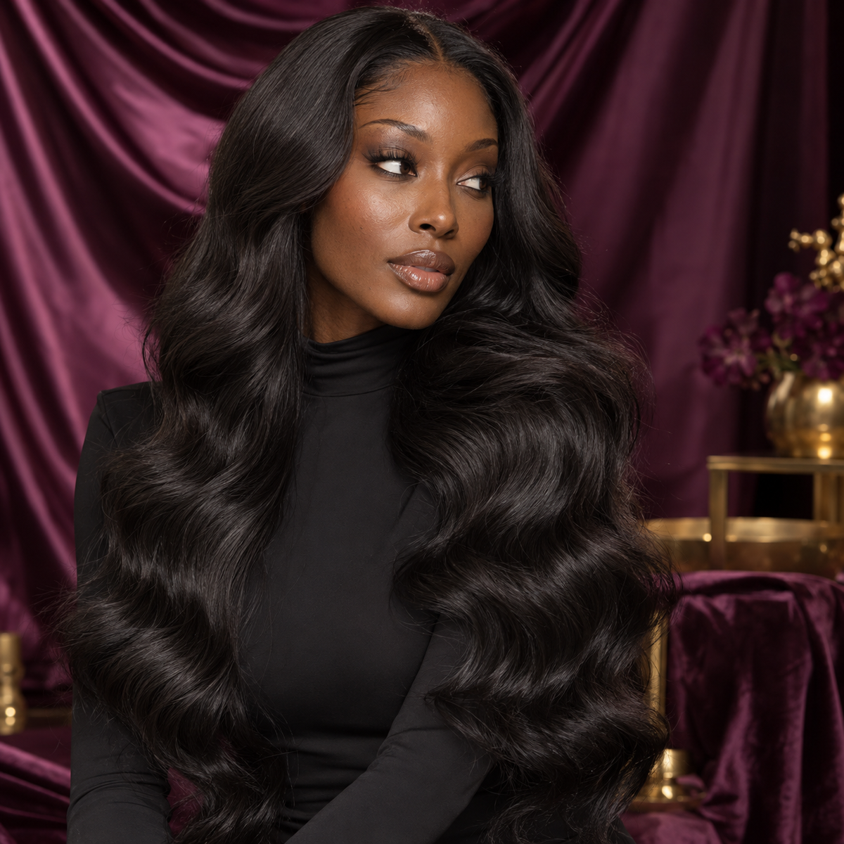 DEBONE BEAUTY Premium 13A collection, natural black body wave hair, model on plum satin — collection campaign portrait