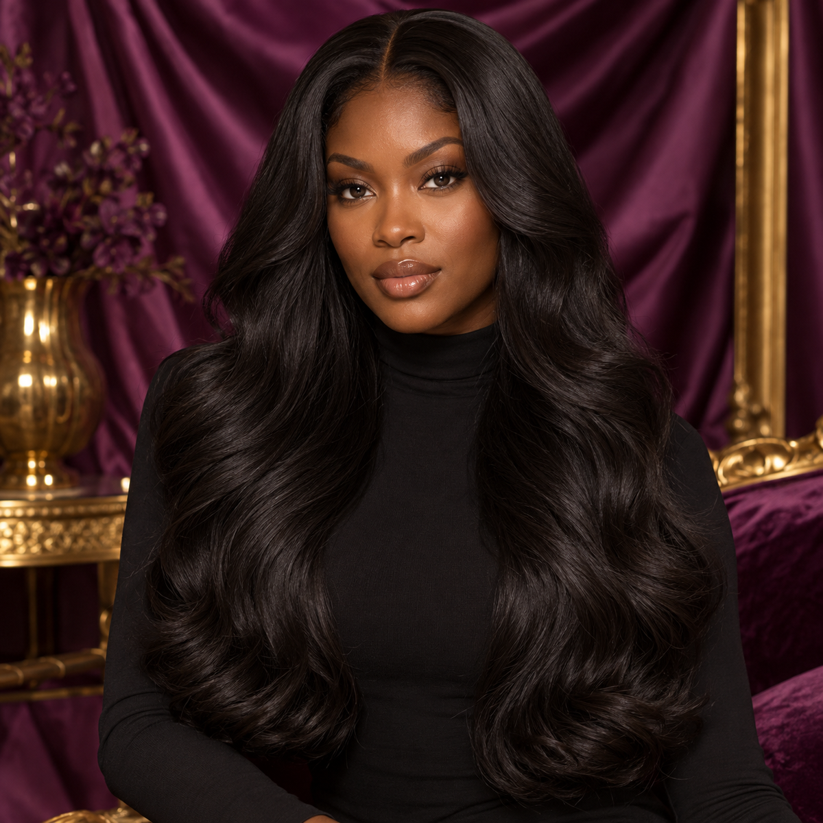 DEBONE BEAUTY Sovereign Double Drawn collection, natural black full-length hair, model on plum satin — collection campaign portrait