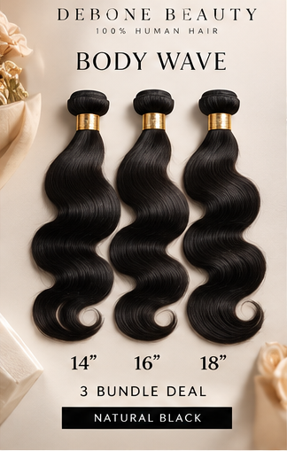 Debone Beauty natural black body wave three-bundle illustration, 14/16/18 inches