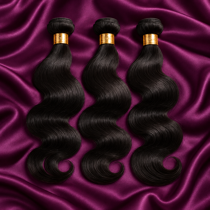 Debone Beauty natural black body wave three-bundle illustration, 14/16/18 inches