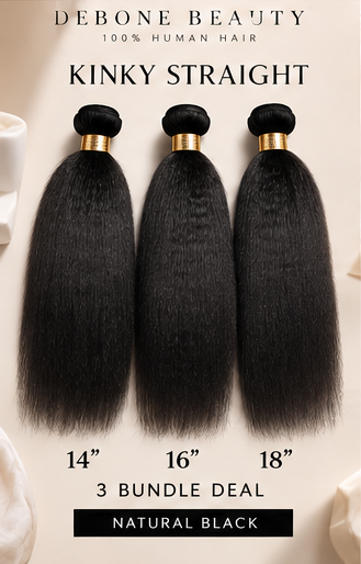 Debone Beauty natural black kinky straight three-bundle illustration, 14/16/18 inches