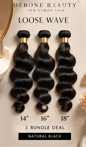 Debone Beauty natural black loose wave three-bundle illustration, 14/16/18 inches