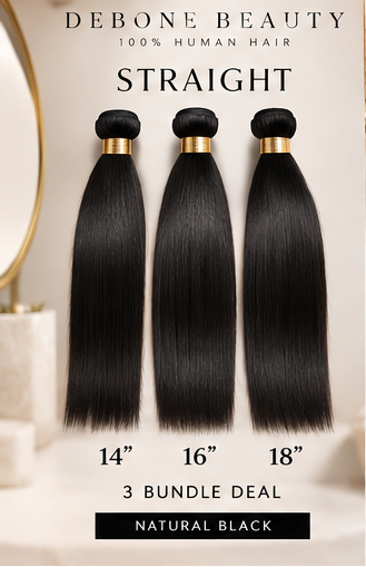 Debone Beauty natural black straight three-bundle illustration, 14/16/18 inches