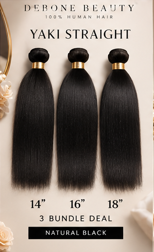 Debone Beauty natural black yaki straight three-bundle illustration, 14/16/18 inches