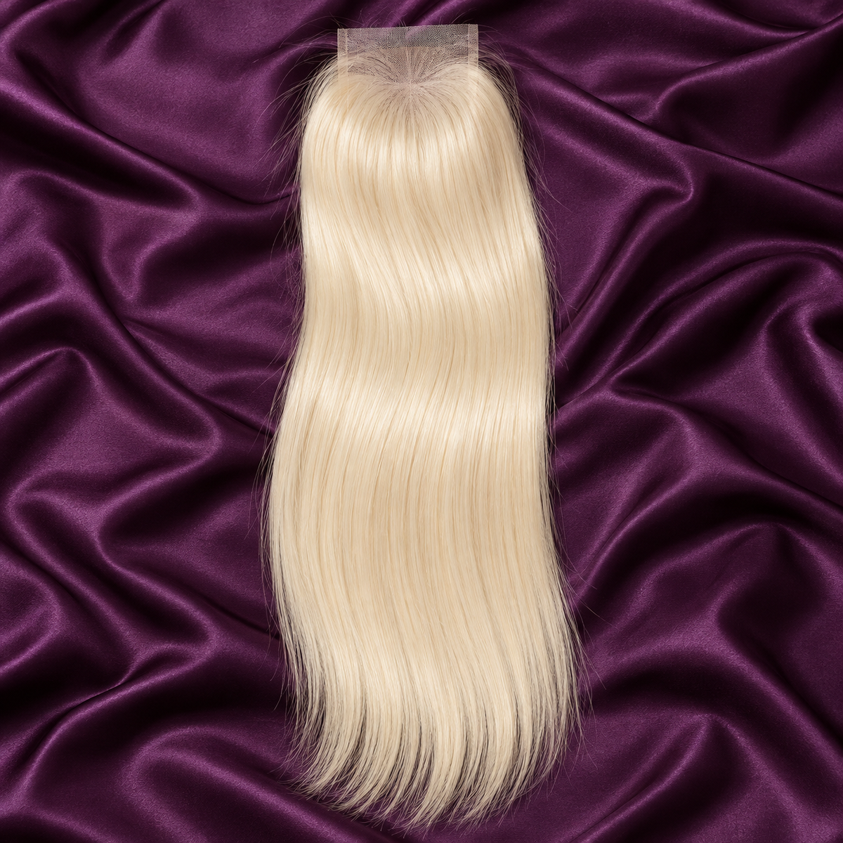 Illustrative 613 pale creamy blonde, no dark roots lace closure on plum satin