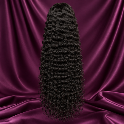 Burmese Curly black wig texture on plum satin