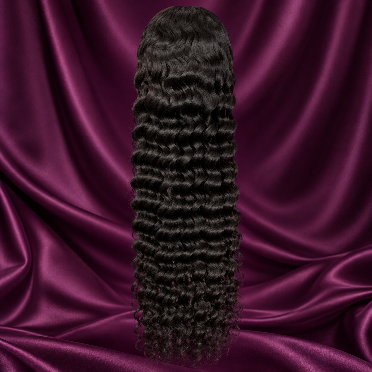 Deep Wave black wig texture on plum satin