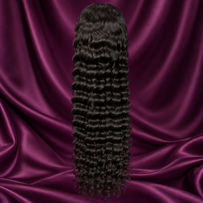 Deep Wave black wig texture on plum satin