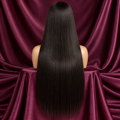 Straight black wig on a mannequin, back view, plum satin background
