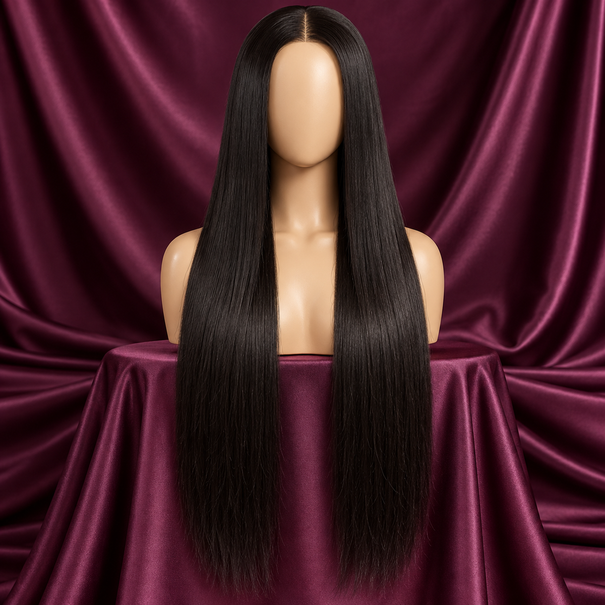 Straight black wig on a mannequin, front view, plum satin background